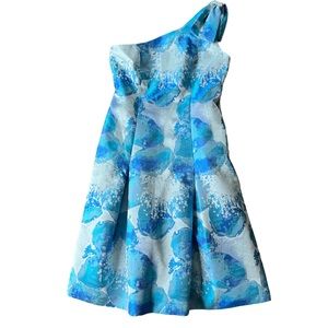Bigio blue metallic jacquard one shoulder bow fit & flare dress size 10